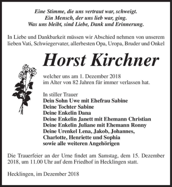 Traueranzeige von Horst Kirchner  von Magdeburger Volksstimme