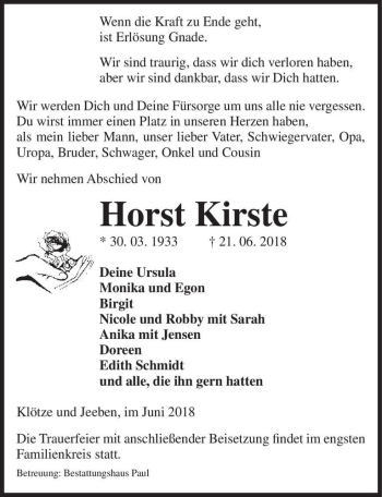 Traueranzeige von Horst Kiste  von Magdeburger Volksstimme