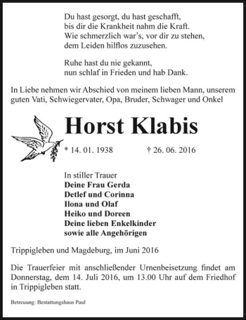 Traueranzeige von Horst Klabis  von Magdeburger Volksstimme