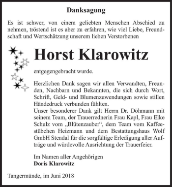 Traueranzeige von Horst Klarowitz  von Magdeburger Volksstimme