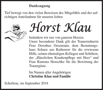Traueranzeige von Horst Klau  von Magdeburger Volksstimme