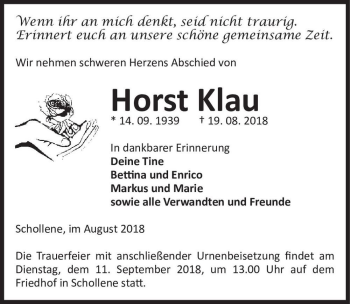 Traueranzeige von Horst Klau  von Magdeburger Volksstimme