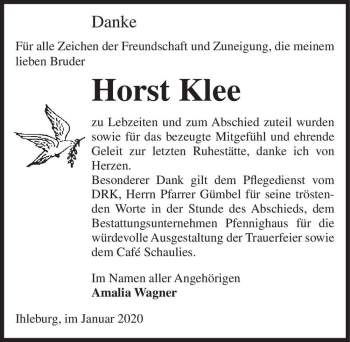 Traueranzeige von Horst Klee  von Magdeburger Volksstimme