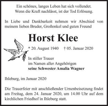 Traueranzeige von Horst Klee  von Magdeburger Volksstimme