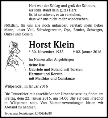 Traueranzeige von Horst Klein  von Magdeburger Volksstimme