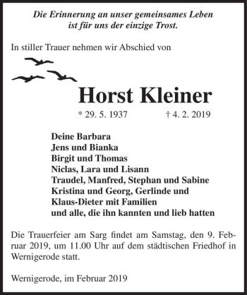 Traueranzeige von Horst Kleiner  von Magdeburger Volksstimme