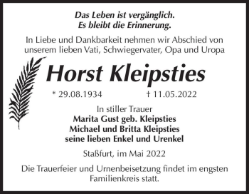 Traueranzeige von Horst Kleipsties  von Magdeburger Volksstimme