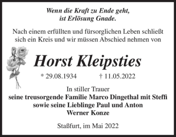 Traueranzeige von Horst Kleipsties  von Magdeburger Volksstimme