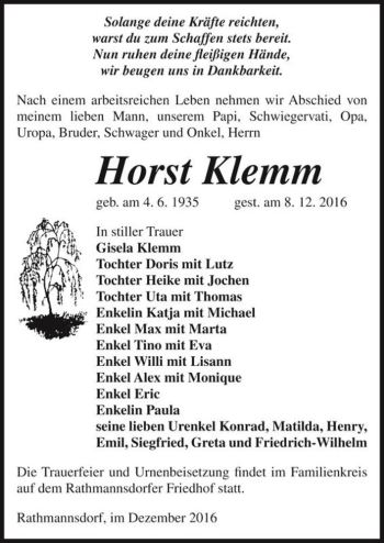 Traueranzeige von Horst Klemm  von Magdeburger Volksstimme
