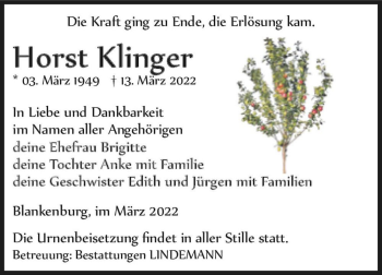 Traueranzeige von Horst Klinger  von Magdeburger Volksstimme