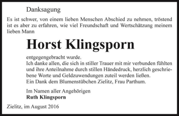 Traueranzeige von Horst Klingsporn  von Magdeburger Volksstimme