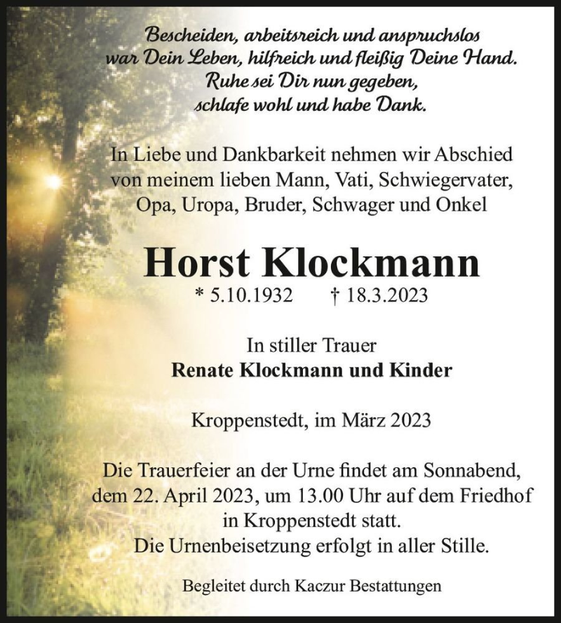  Traueranzeige für Horst Klockmann  vom 25.03.2023 aus Magdeburger Volksstimme