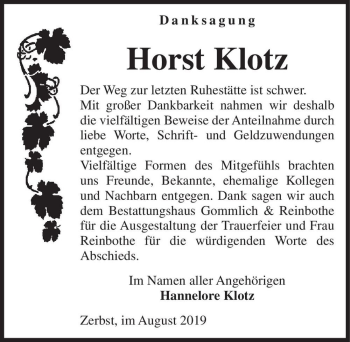 Traueranzeige von Horst Klotz  von Magdeburger Volksstimme