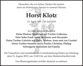 Traueranzeige von Horst Klotz  von Magdeburger Volksstimme
