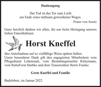 Traueranzeige von Horst Kneffel  von Magdeburger Volksstimme