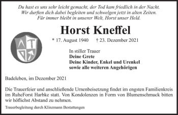 Traueranzeige von Horst Kneffel  von Magdeburger Volksstimme