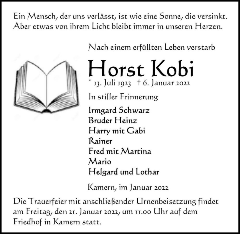  Traueranzeige für Horst Kobi  vom 11.01.2022 aus Magdeburger Volksstimme