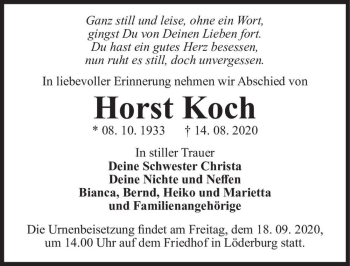 Traueranzeige von Horst Koch  von Magdeburger Volksstimme