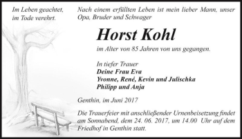Traueranzeige von Horst Kohl  von Magdeburger Volksstimme