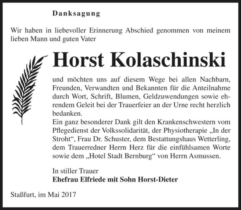  Traueranzeige für Horst Kolaschinski  vom 20.05.2017 aus Magdeburger Volksstimme
