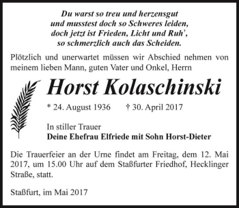Traueranzeige von Horst Kolaschinski  von Magdeburger Volksstimme