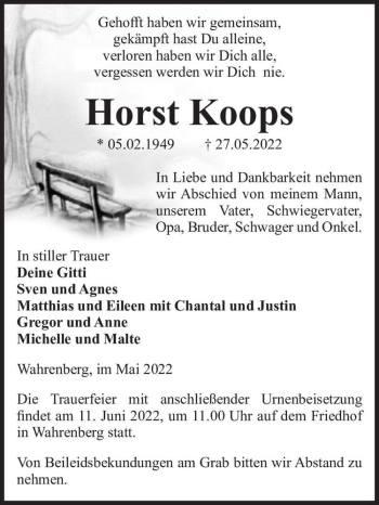 Traueranzeige von Horst Koops  von Magdeburger Volksstimme