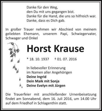 Traueranzeige von Horst Krause  von Magdeburger Volksstimme