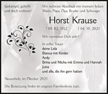 Traueranzeige von Horst Krause  von Magdeburger Volksstimme