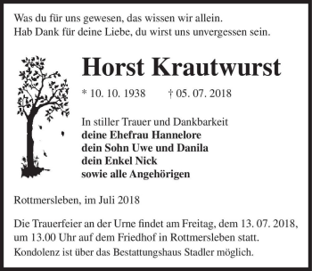 Traueranzeige von Horst Krautwurst  von Magdeburger Volksstimme
