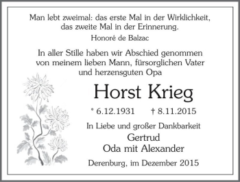 Traueranzeige von Horst Krieg  von Magdeburger Volksstimme