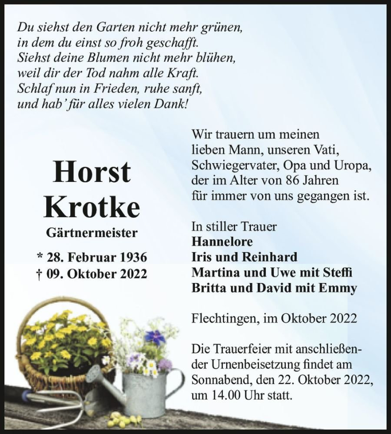  Traueranzeige für Horst Krotke  vom 15.10.2022 aus Magdeburger Volksstimme