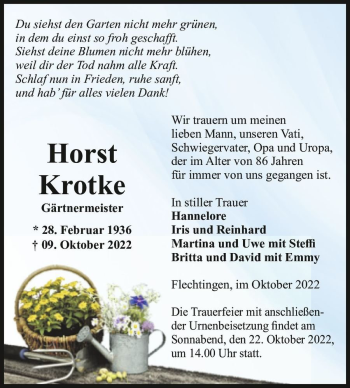 Traueranzeige von Horst Krotke  von Magdeburger Volksstimme