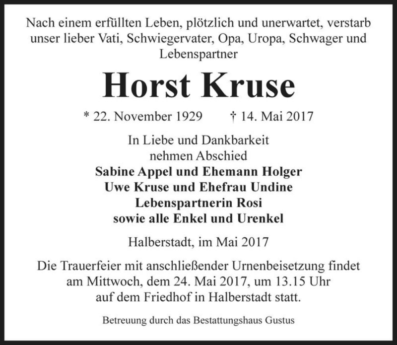  Traueranzeige für Horst Kruse  vom 20.05.2017 aus Magdeburger Volksstimme