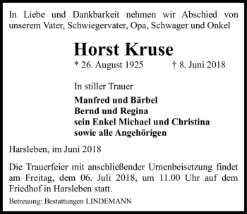 Traueranzeige von Horst Kruse  von Magdeburger Volksstimme