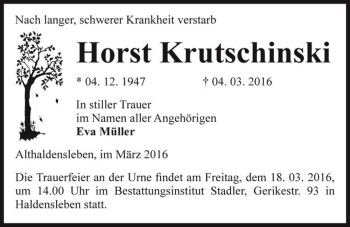 Traueranzeige von Horst Krutschinski  von Magdeburger Volksstimme