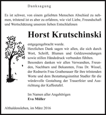 Traueranzeige von Horst Krutschinski  von Magdeburger Volksstimme