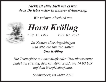 Traueranzeige von Horst Kröling  von Magdeburger Volksstimme