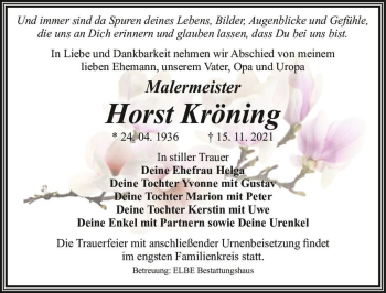 Traueranzeige von Horst Kröning  von Magdeburger Volksstimme