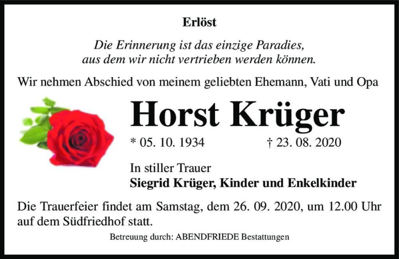 Traueranzeige für Horst Krüger  vom 29.08.2020 aus Magdeburger Volksstimme