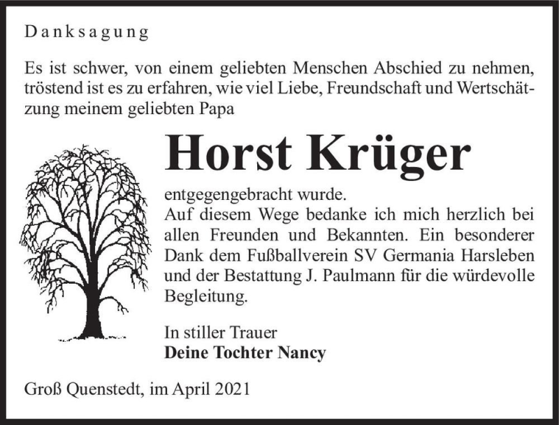  Traueranzeige für Horst Krüger  vom 24.04.2021 aus Magdeburger Volksstimme