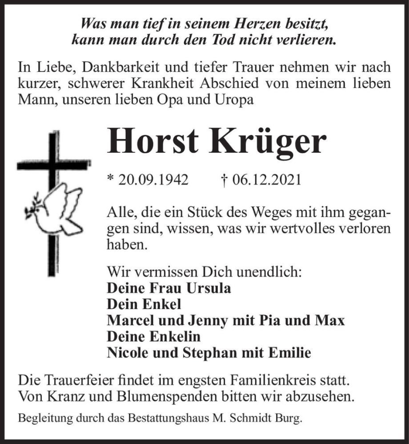  Traueranzeige für Horst Krüger  vom 11.12.2021 aus Magdeburger Volksstimme