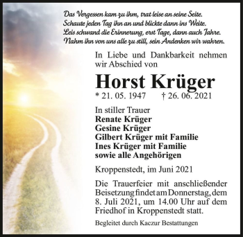Traueranzeige von Horst Krüger  von Magdeburger Volksstimme