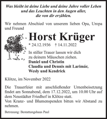 Traueranzeige von Horst Krüger  von Magdeburger Volksstimme