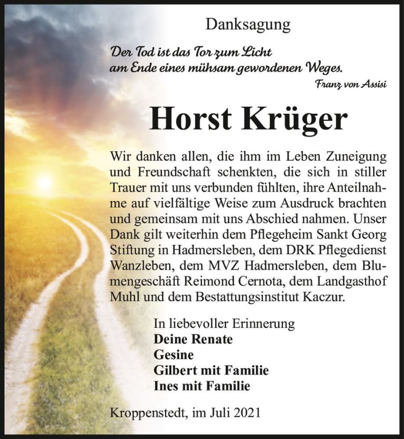  Traueranzeige für Horst Krüger  vom 17.07.2021 aus Magdeburger Volksstimme