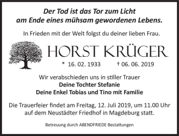 Traueranzeige von Horst Krüger  von Magdeburger Volksstimme