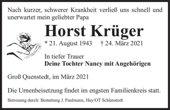 Traueranzeige von Horst Krüger  von Magdeburger Volksstimme