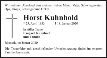 Traueranzeige von Horst Kuhnhold  von Magdeburger Volksstimme