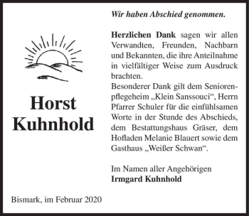 Traueranzeige von Horst Kuhnhold  von Magdeburger Volksstimme