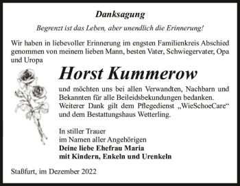 Traueranzeige von Horst Kummerow  von Magdeburger Volksstimme