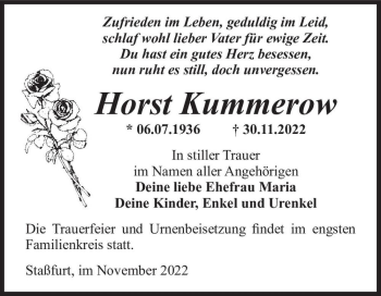 Traueranzeige von Horst Kummerow  von Magdeburger Volksstimme